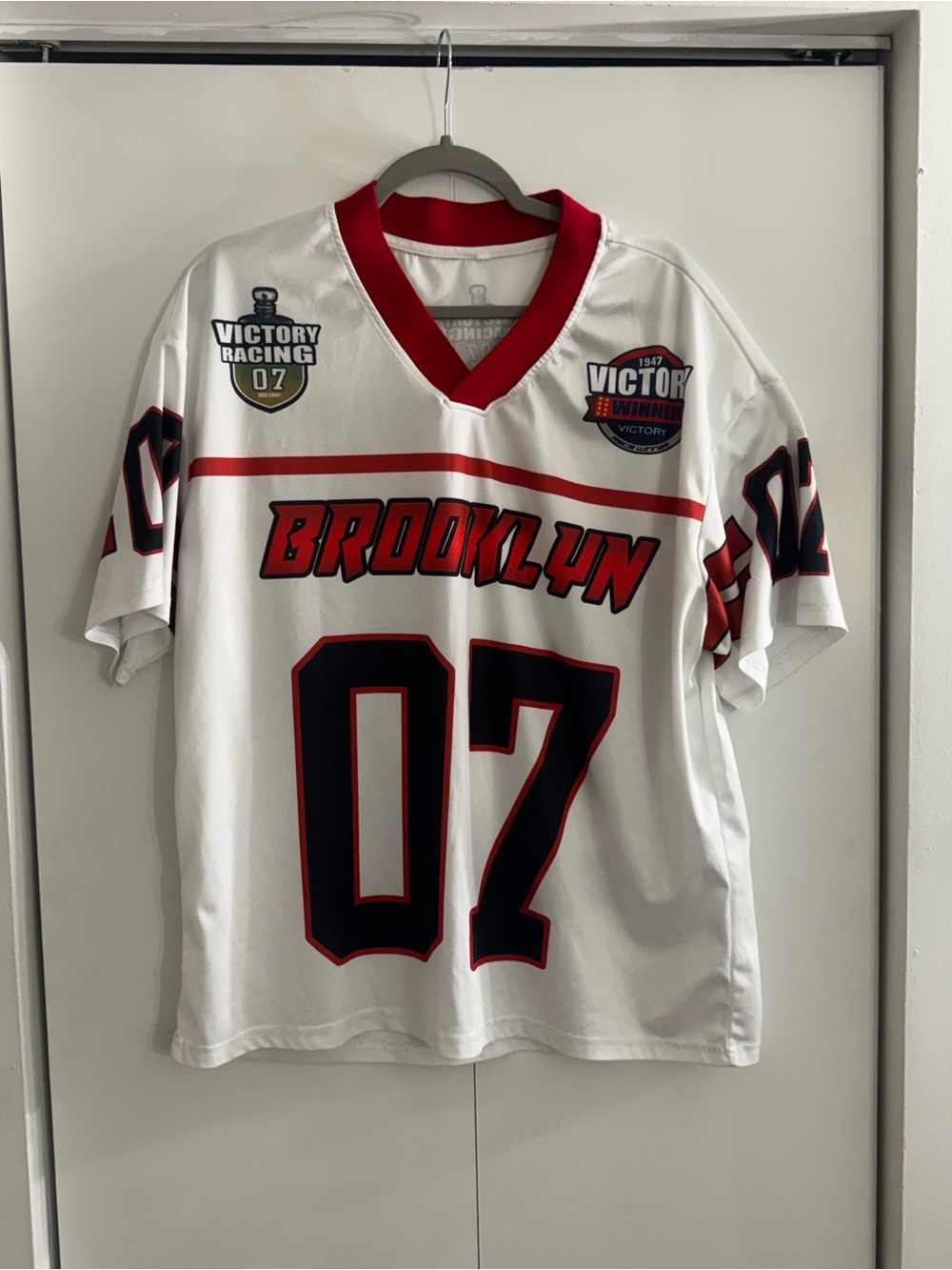 Brooklyn 07 White Athletic Jersey Shirt - Red & Black Accents